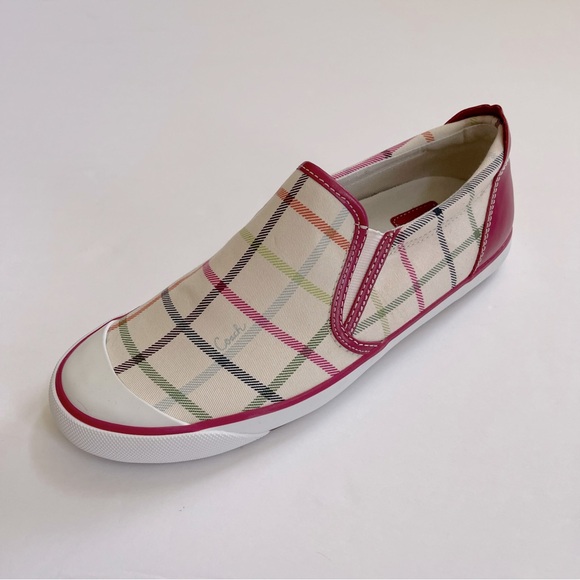 NWT Coach 'Beale' style slip on cream sneakers with plaid canvas print - Picture 3 of 8